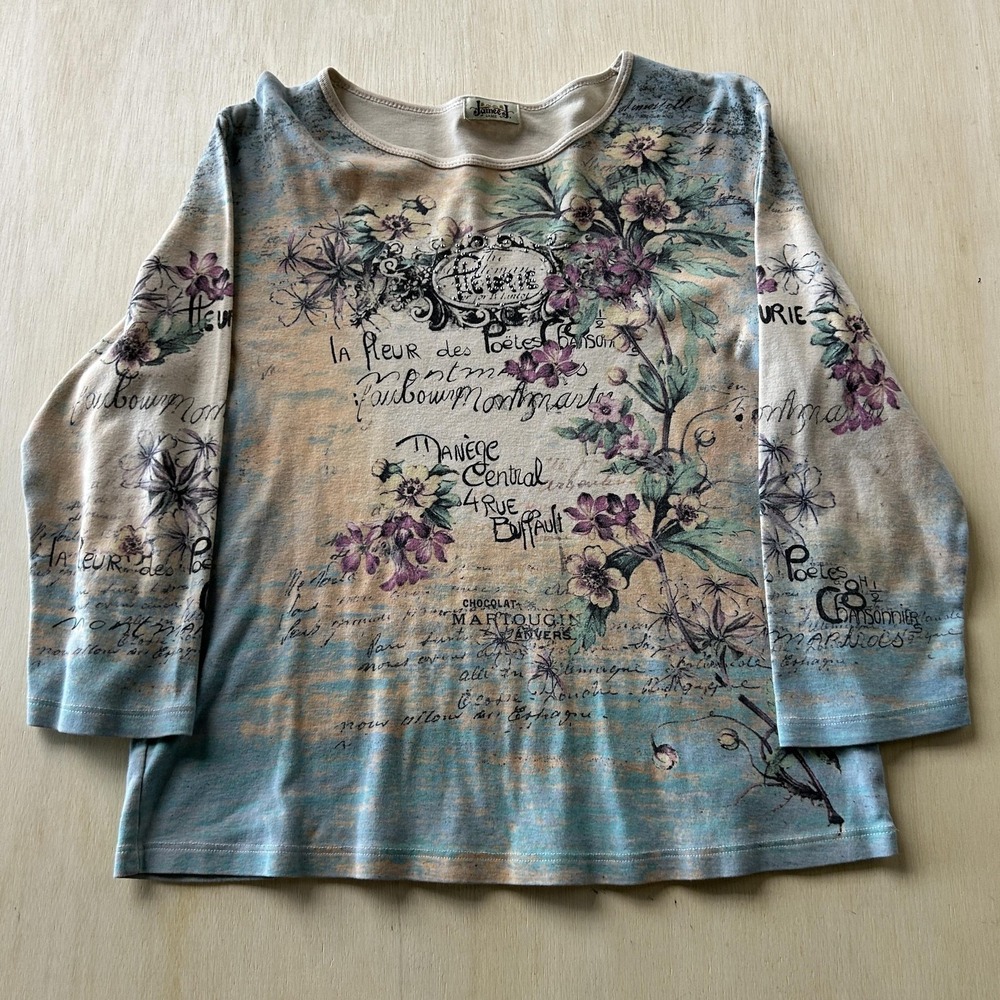 Y2K Jamee J. Shirt Womens Large Multicolor Floral Paris Script 3/4 Sleeve Top